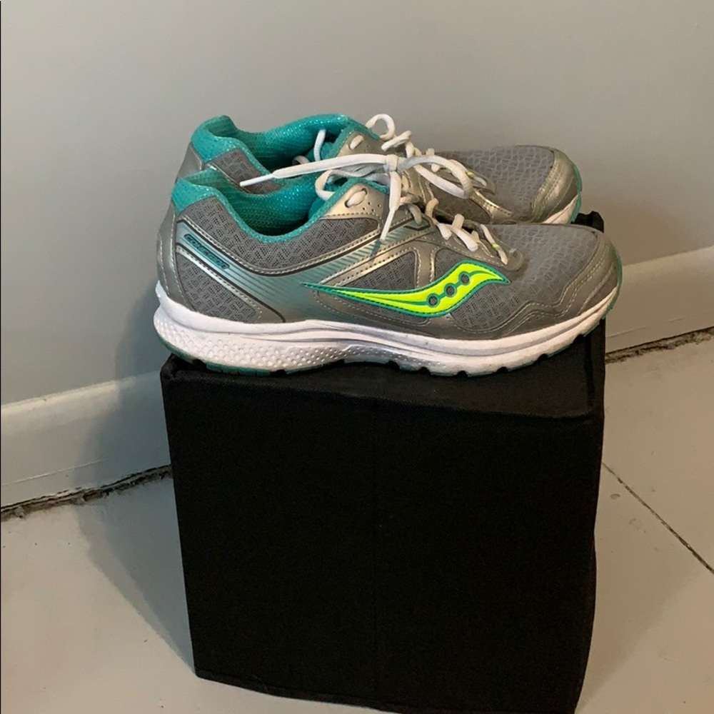 Grey and teal sneakers.